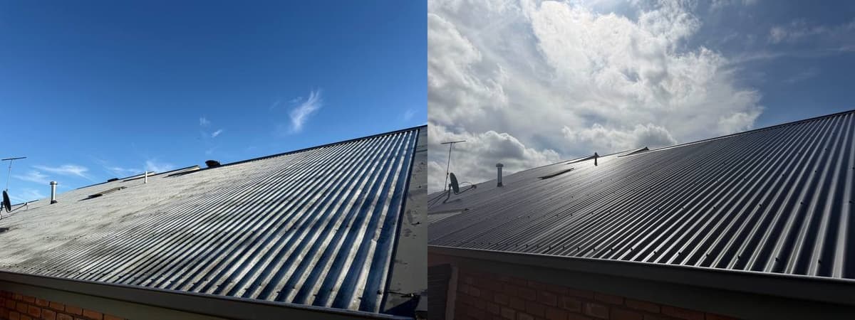 Before and after metal roof restoration Geelong – Skyways Roofing