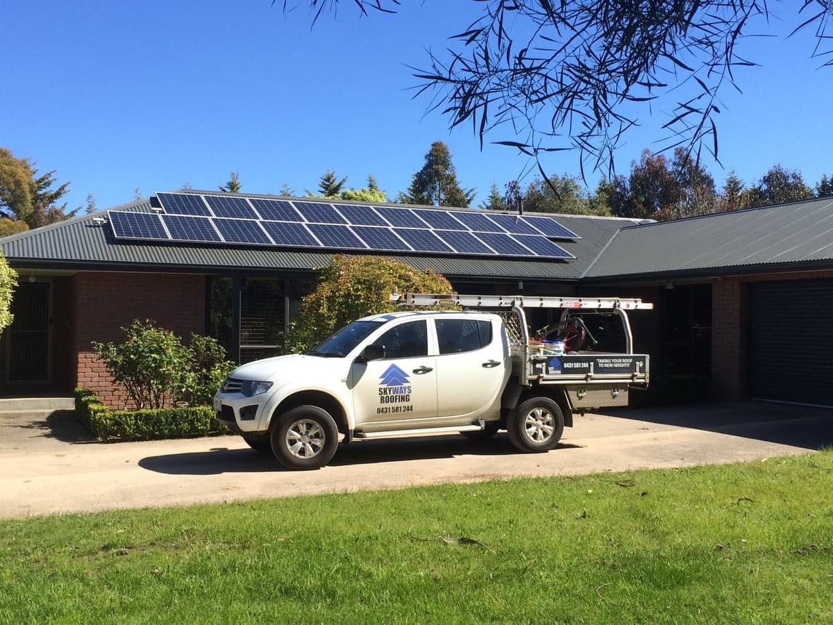 Skyways Roofing van completed metal roof job Geelong